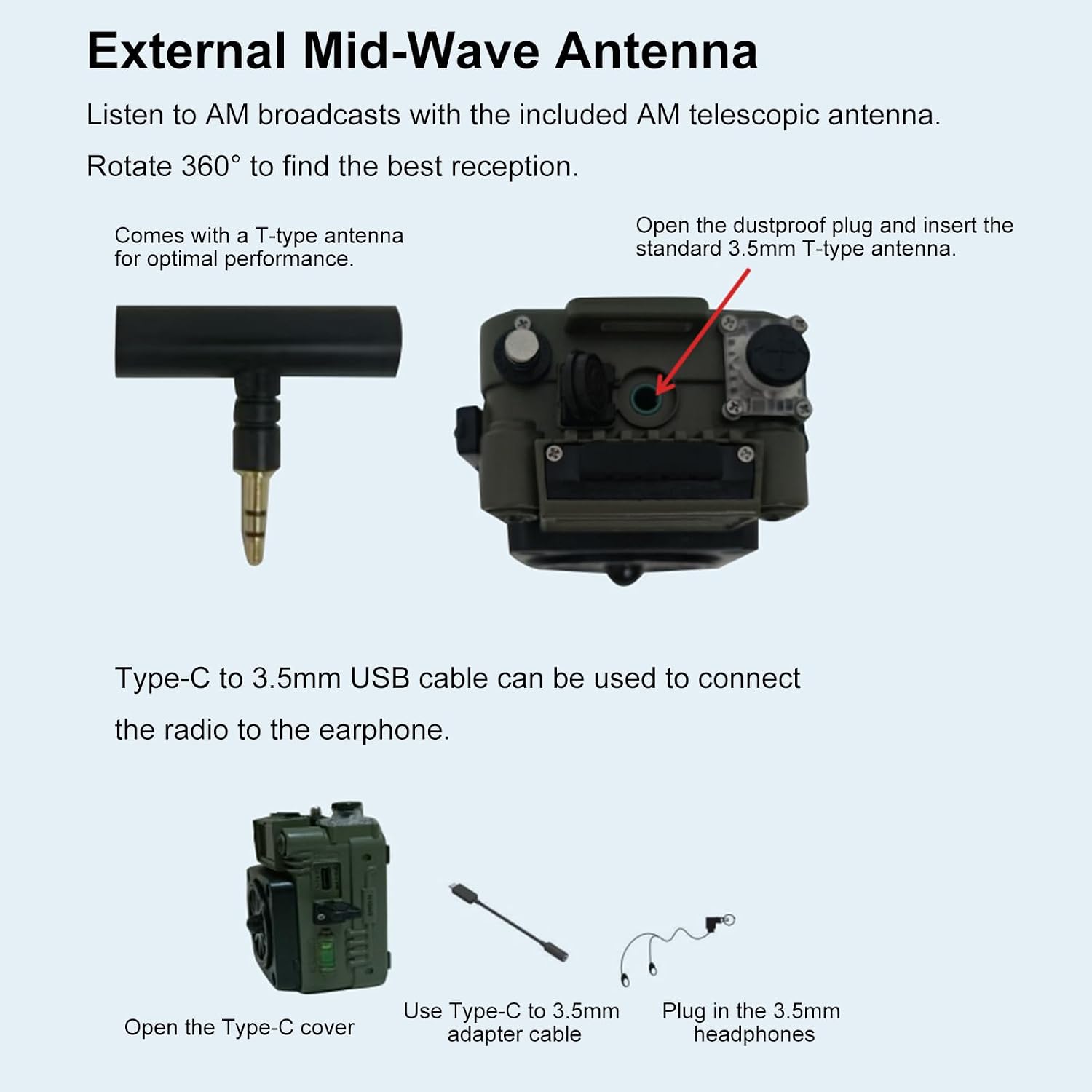Docooler Portable Shortwave Radio, AM FM SW Shortwave Mini Radio with NOAA Alert, with APP Control, Preset Stations, Replaceable Battery, T Type Antenna, SOS Alarm for Camping,