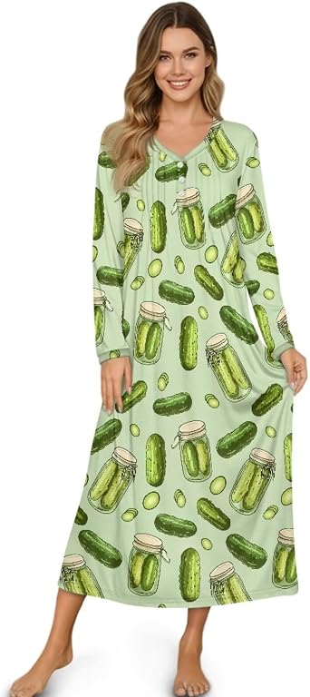 Womens Long Sleeve Nightgown Casual Soft Sleepwear with Pockets