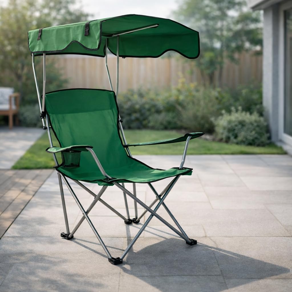 Emirates Living Foldable Camping Chair with Canopy Shade, Portable Outdoor Chair with Cup Holder & Carry Bag, Lightweight Steel Frame Garden Chair for Camping, Beach, Picnic & Festival – Green
