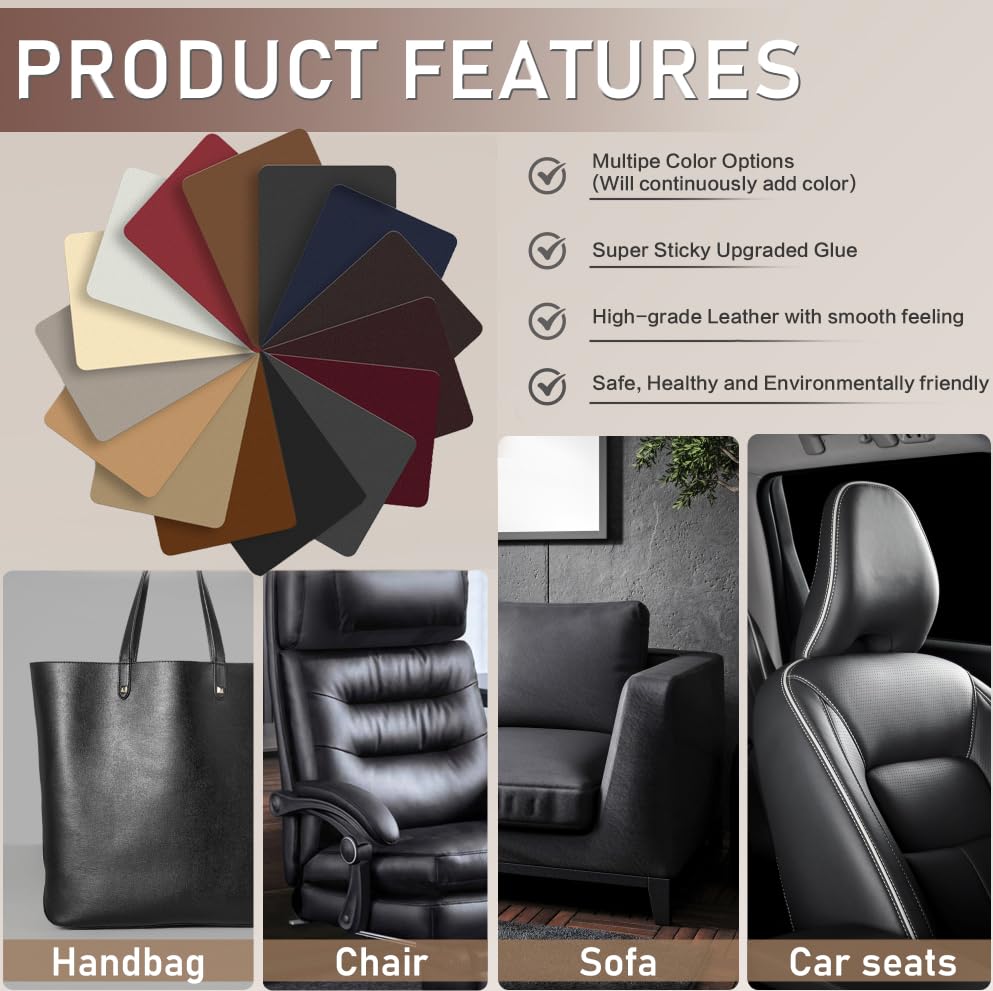 Miniatura 5 de Parches de reparación de cuero autoadhesivos, parches de reparación de cuero de 11 x 8.3 pulgadas para asientos de automóvil, kit de cinta de