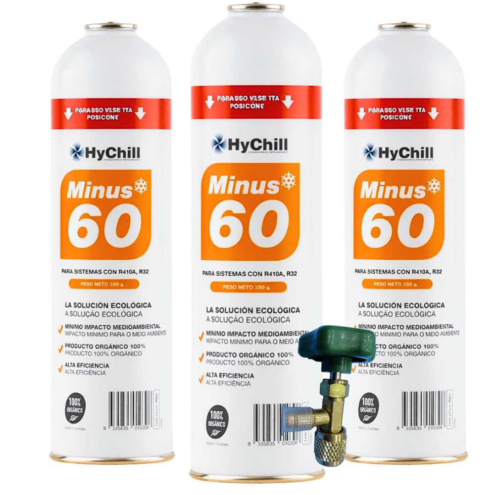 HyChill Minus 60 Refrigerante Técnico Orgánico - Envase Desechable 995 ml - 350gr Carga Neta - Uso Profesional - para Aplicaciones de climatización y refrigeración (3 ENVASES + Llave)