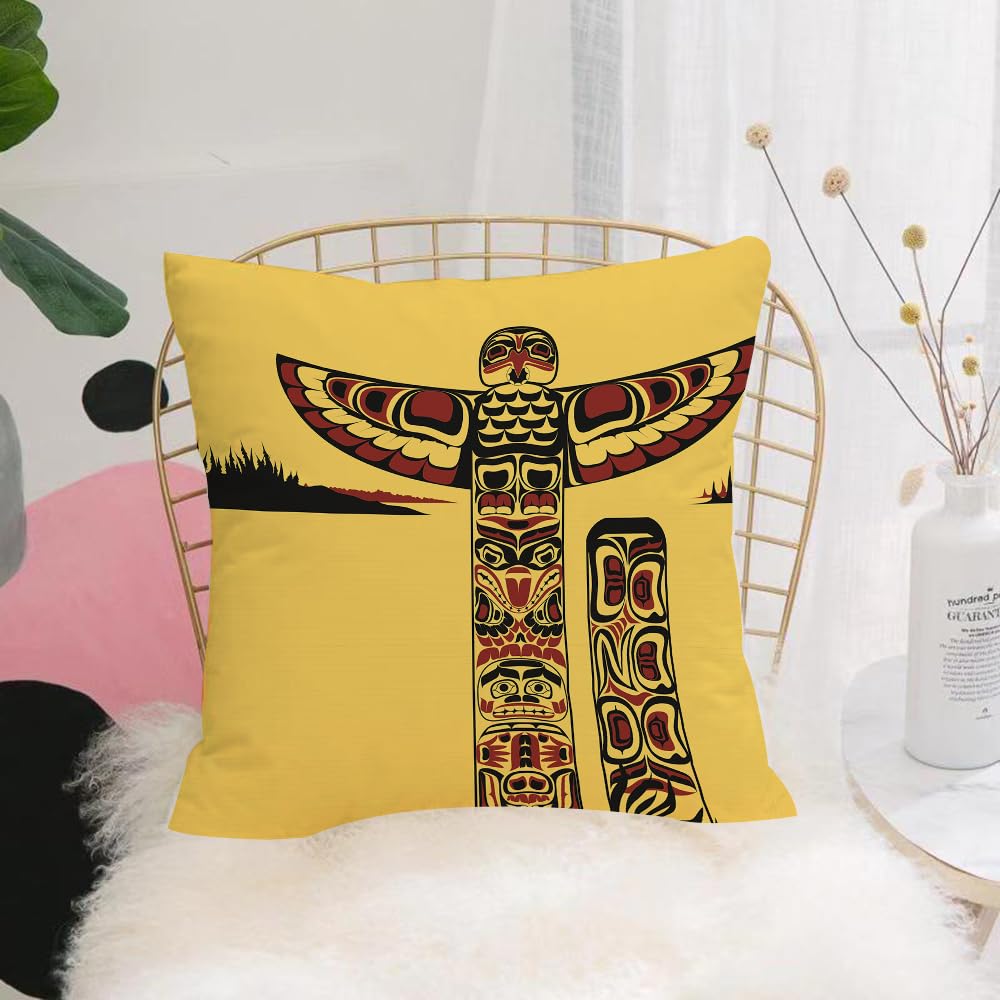 Hyosxw Indians, Illustration Of A North American To - A6 Cushion Cover,Throw Pillow Case Home Decorative For Living Room Bedroom Sofa Chair 18X18 Inch,Indians, Illustration Of A North American Totem Pole Ancient Spirit Native Arts,Pillowcase 45X45cm