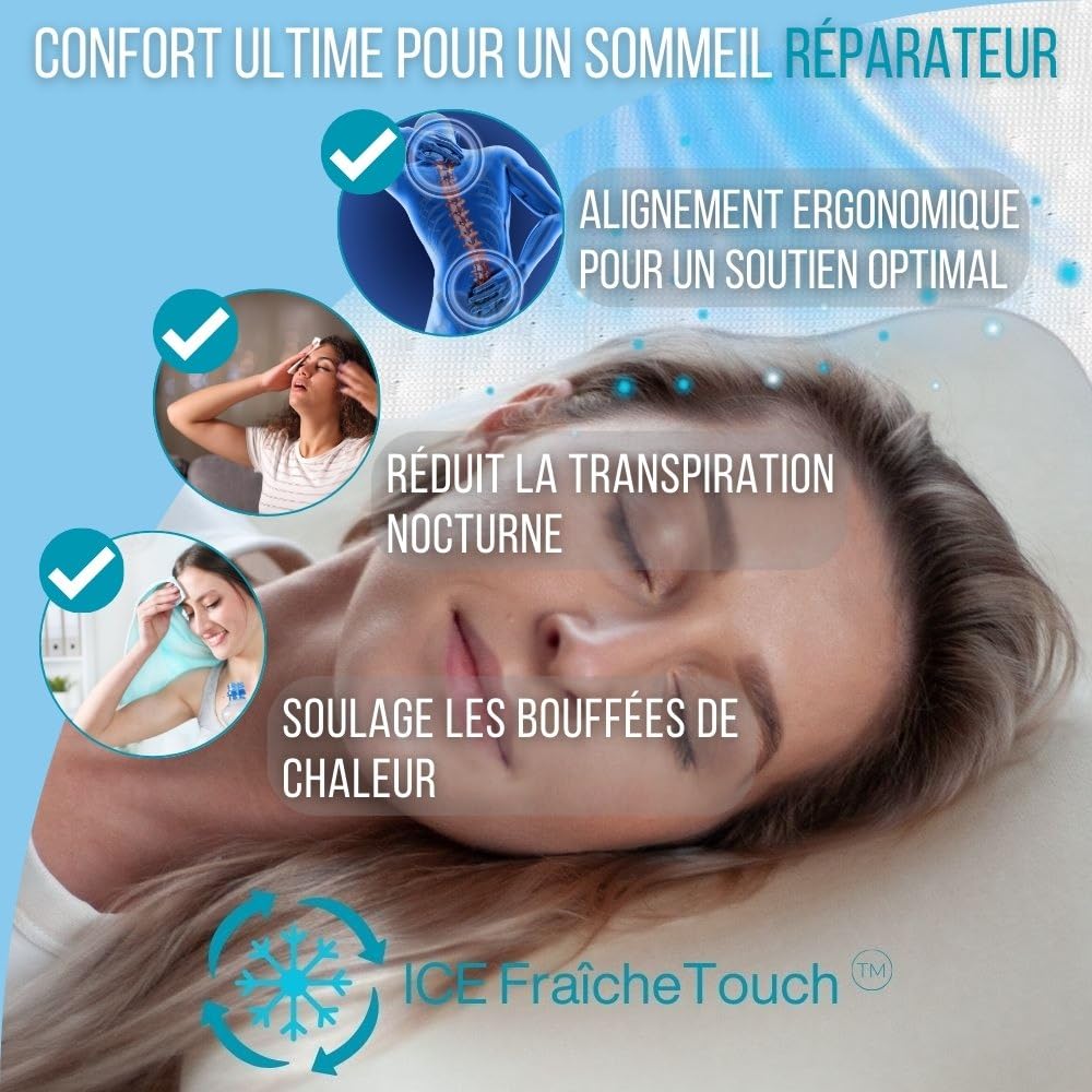 Inphysio Oreiller ClimaConfort Ice - Oreiller Mémoire de Forme à Gel Rafraîchissant Infusé - Oreiller Ergonomique - Taie d’Oreiller en Tissu Innovante Ice - Dormir sur Le Côté et sur Les Dos - Blanc