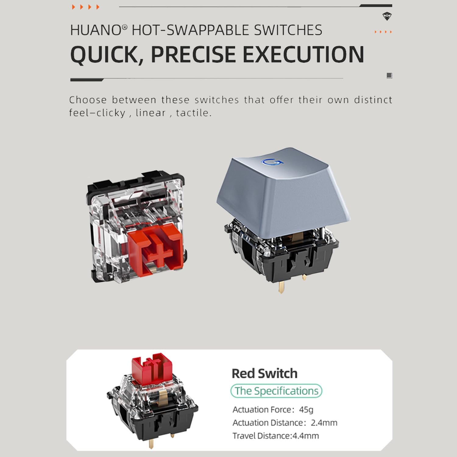 Close-up image showing a red mechanical switch and a keycap, illustrating the hot-swappable feature of the Machenike K500A-B84 keyboard.