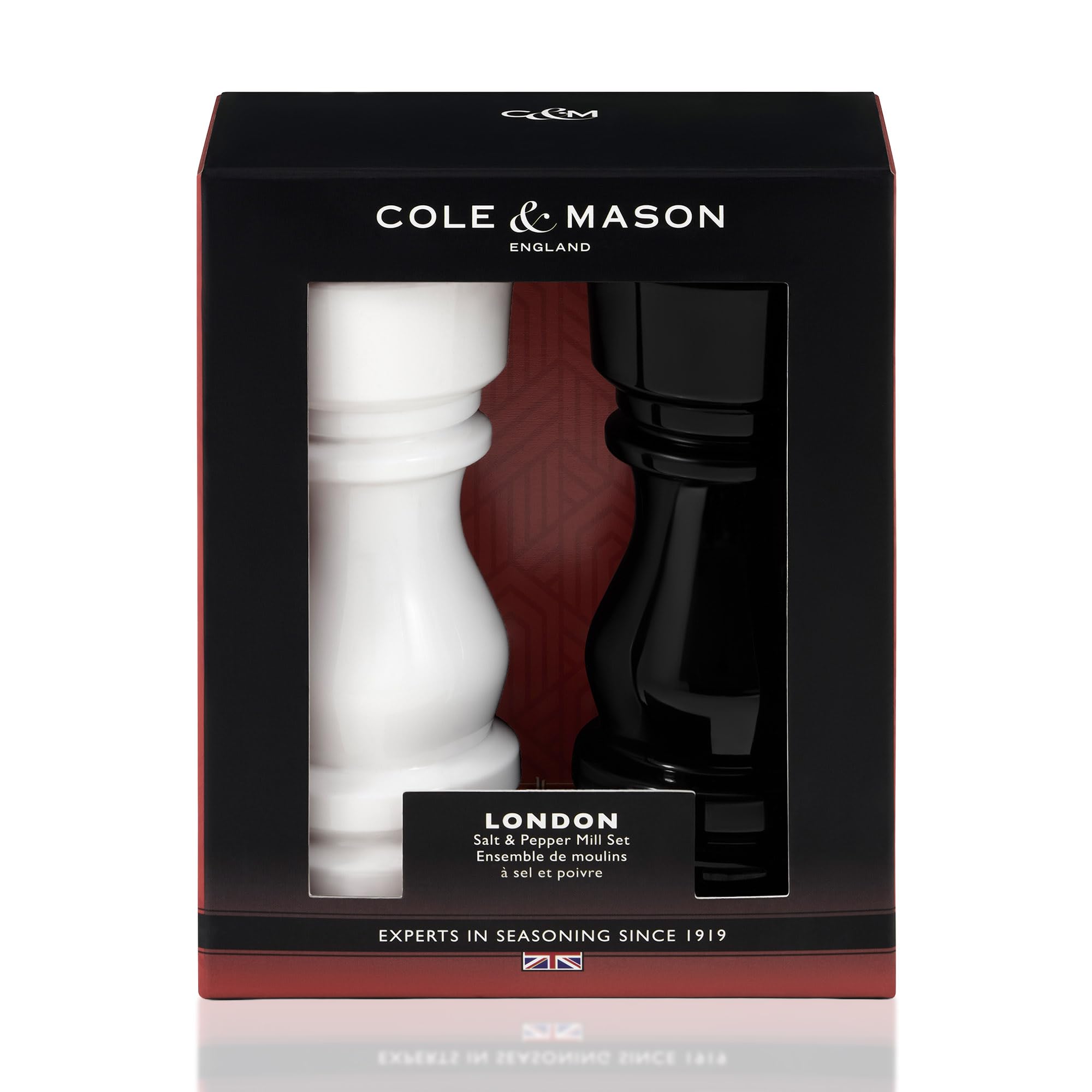 Cole & Mason Londyn czarno-biały akrylowy zestaw młynków do soli i pieprzu, regulowany mechanizm mielący, mechanizm ceramiczny, ręczny młynek do przypraw, trwały i wysokiej jakości, zestaw prezentowy