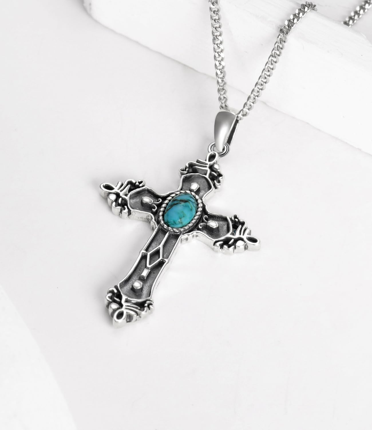 Genuine Turquoise Cross Necklace for Women Men 925 Sterling Silver Western Boho Jewelry Vintage Gemstone Pendant for Her - Image 4