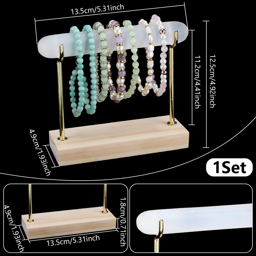 UNICRAFTALE Selenite Bracelet Holder Stand Crystal Bracelet Display Stand Detachable Jewelry Wrap Watch Organizer Holder Gold Jewelry Display with Wooden Base for Charging and Cleansing