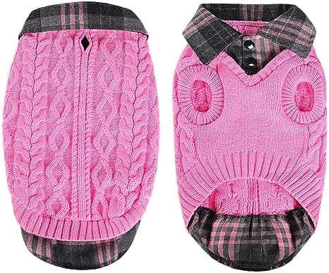 CITÉTOILE Hundepullover Strickpullover Karo Rollkragen Leinenlöcher S | Warme Welpenkleidung, Traktion Loch, Geeignet für kleine & mittlere Hunde, Katzenpullover, Herbst Winter Wei