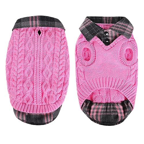 CITÉTOILE Warme Hundepullover, Rollkragen-Strick-Hundepullover mit Karomuster, Welpenkleidung mit Leinenlöchern für Herbst Winter, Warme Mantel Kleidung für Kleine Mittlere Große Haustiere, Rosa, XS