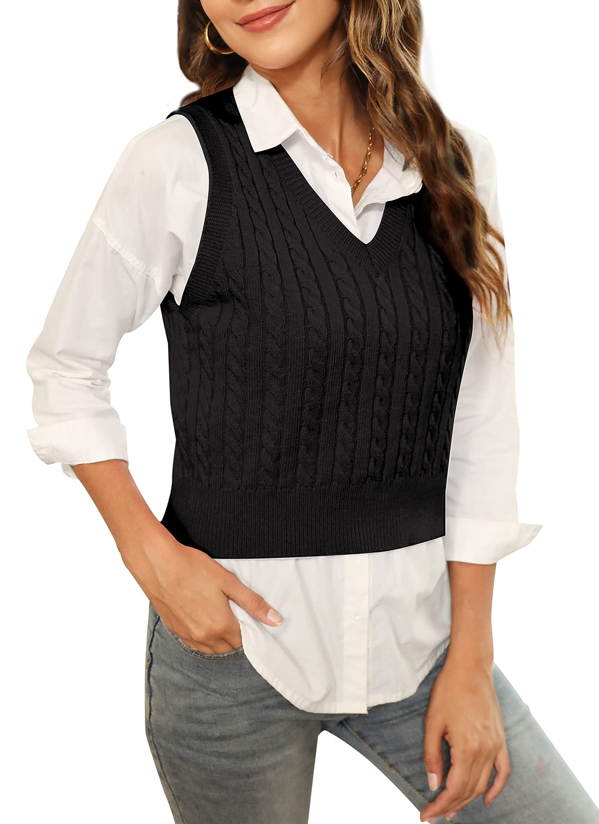 HOCOSIT Womens Knitted V-Neck Vest Argyle Plaid Preppy Style Sleeveless Pullover Crop Sweater Vest