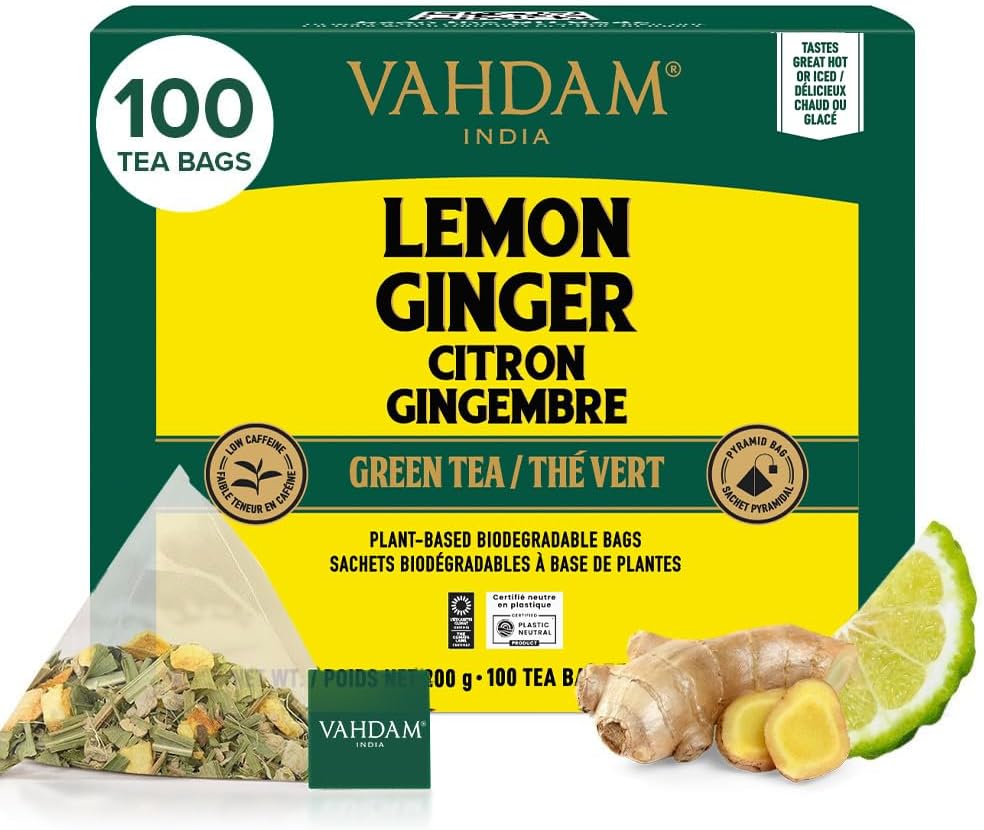 VAHDAM, Lemon Ginger Tea Bags (100 Green Tea Bags) Fruity Flavor - Zesty Lemon & Ginger, Orange Peel | Resealable Ziplock Pouch | Brew Hot or Iced Tea