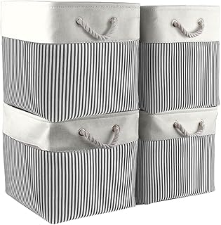 Mangata Set di 4 Scatole per Armadio,Cesto portaoggetti Tessuto, Cestino portaoggetti con Corde, 33 x 33 x 33 cm, per Guardaroba, Armadio, Scaffali (Pieghevole, Striscia Grigia)
