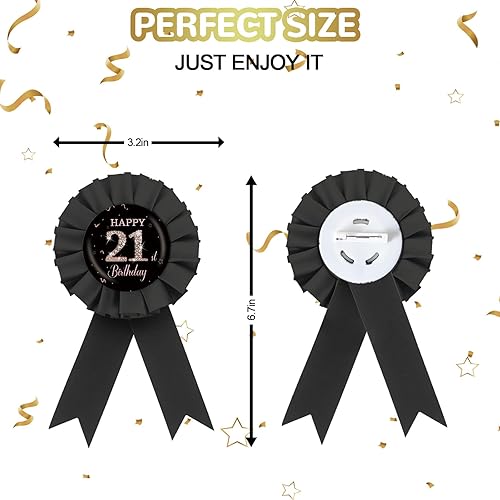 Miniatura 2 de Pin de insignia de hojalata de feliz cumpleaños 21, botón de roseta de oro rosa y negro, pin de insignia de premio de cumpleaños de 21 años,