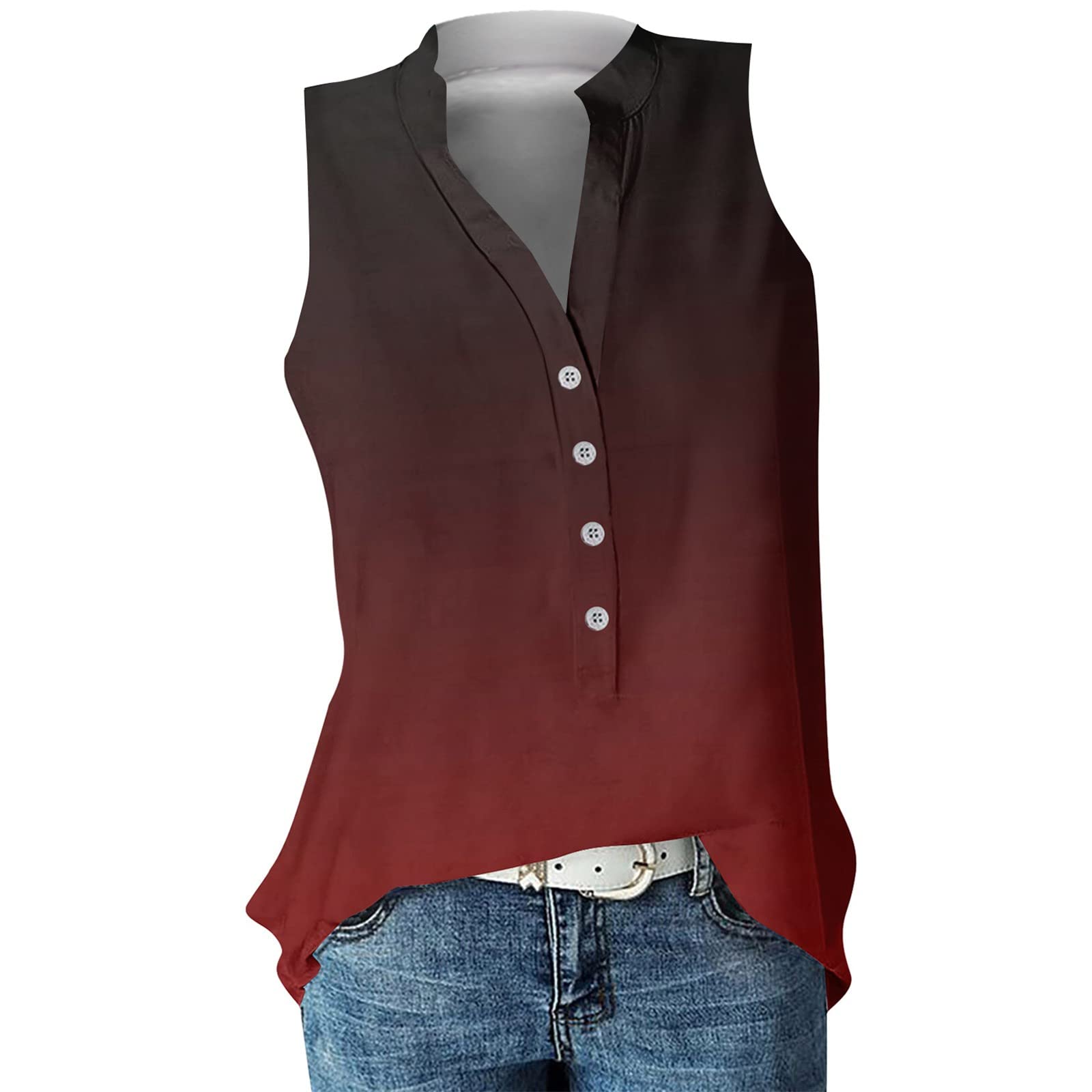 Summer T Shirts for Women 2023 Button Down V Neck Gradient Casual Blouses Sleeveless Trendy Classic Tank Tops