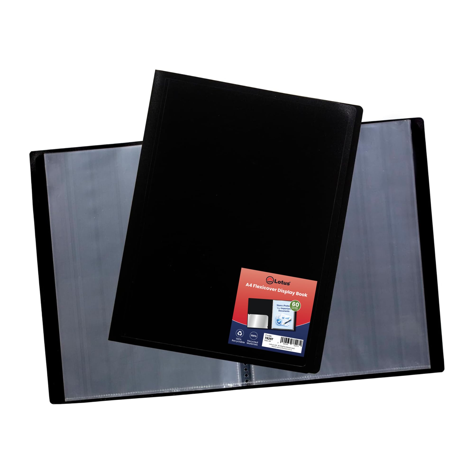 A4 100% Recycled 60 Pocket Black Flexible Cover Portfolio Book Folder Display Book (Lotus)