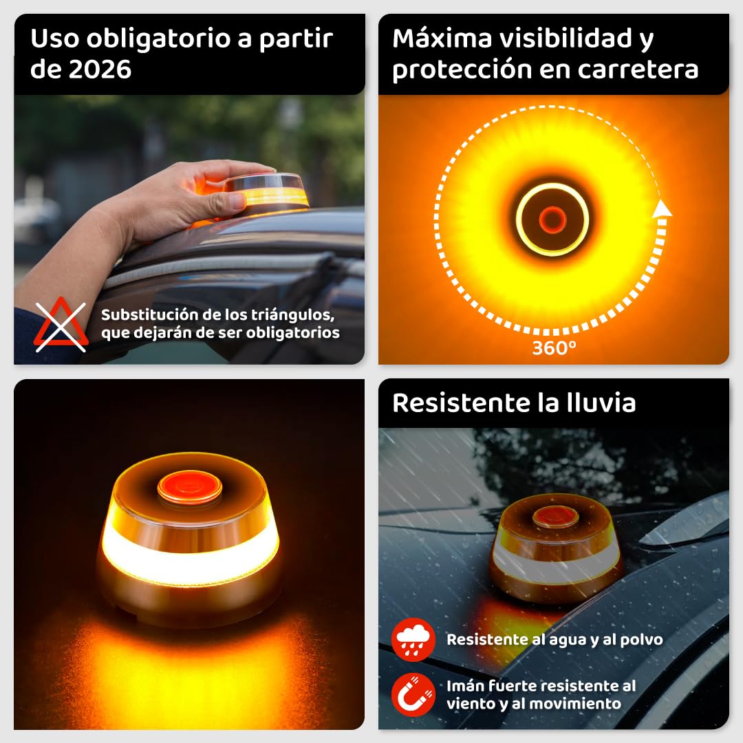 EL CARRITO DEL AHORRO Faro V16 Omologato DGT Spagna | Dispositivo Luminoso V16 Geolocalizzato | Connessione Gratuita fino al 2038 | Base Magnetica | Luce Emergenza Auto Moto Viaggio Spagna