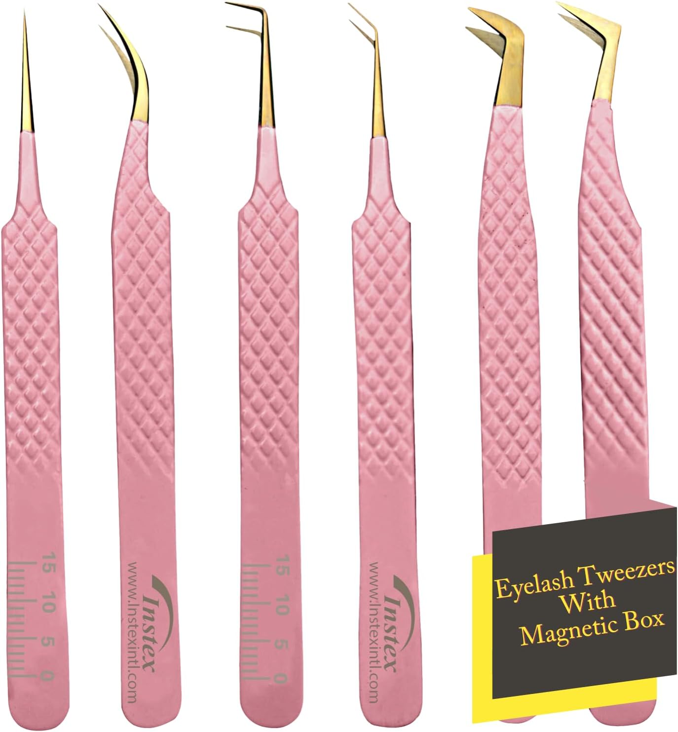 INSTEX Eyelash Tweezers Set of 6 PCS, AntiStatic Stainless Steel with