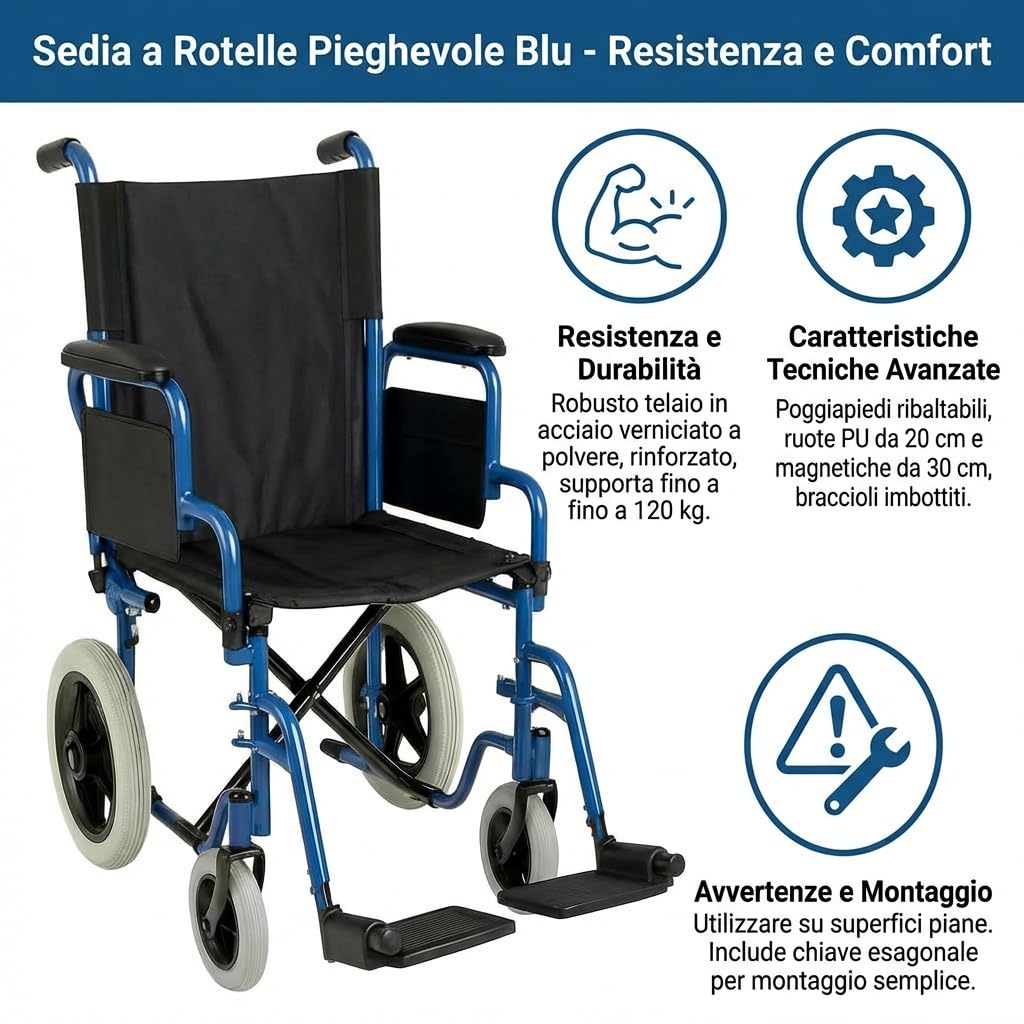 App Life Sedia a Rotelle Pieghevole Leggera Transito per Disabili ed Anziani, Dispositivo Medico di Classe I con Braccioli, Pedane ribaltabili ed Estraibili Blu
