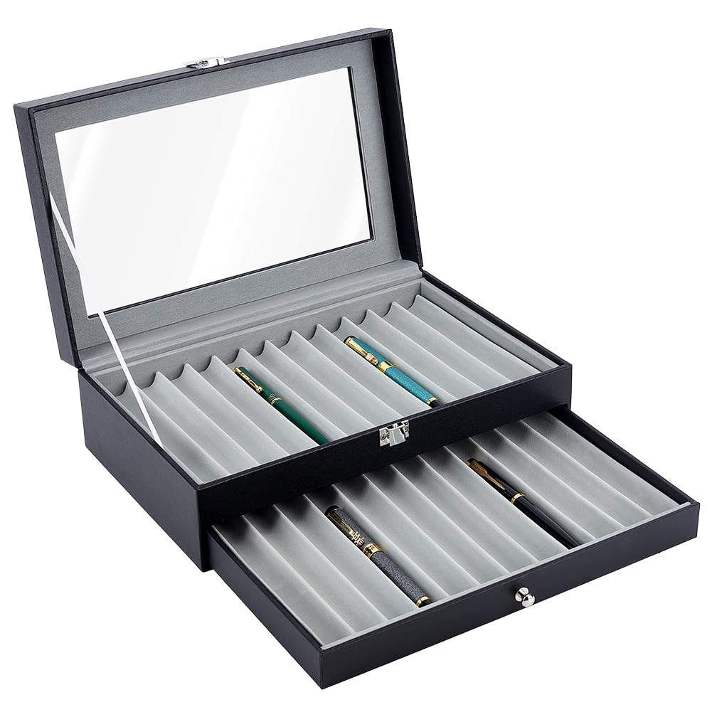 MAYJOYDIY 2 Layer Wood Pen Display Box 24 Slot Fountain Pen Storage Case 307x196x99mm Imitation Leather Pencil Organizer with Clear Window for Friend Shop Home Gift, Grey