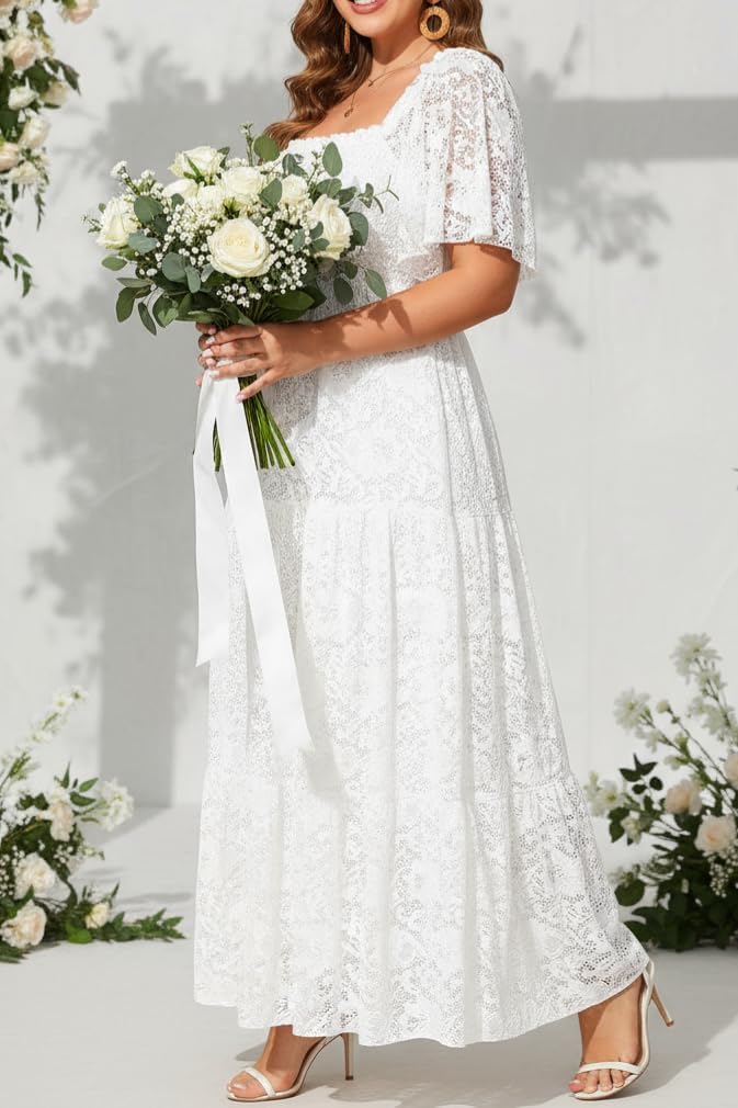 Women's Plus Size Floral Lace Wedding Boho Dress Flowy Smocked Tiered Maxi Dress - Image 2