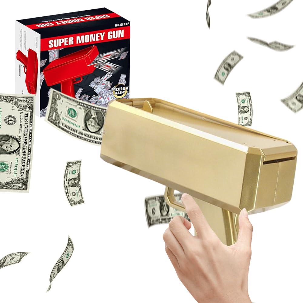NKFBEV Money Gun Shooter, Gold Handheld Cash Gun with 200 Prop Moneys, Prop Money Cash Gun Shoot, Make It Rain Money Guns, Pretend Play Toy Guns for Movies Wedding Christmas Birthday Parties Games