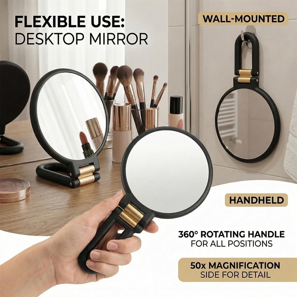 Espejo de mano con asa, doble cara de 50 aumentos y 1 aumento, espejo plegable para maquillaje, viajes, montaje en pared, uso en escritorio (negro) - 4