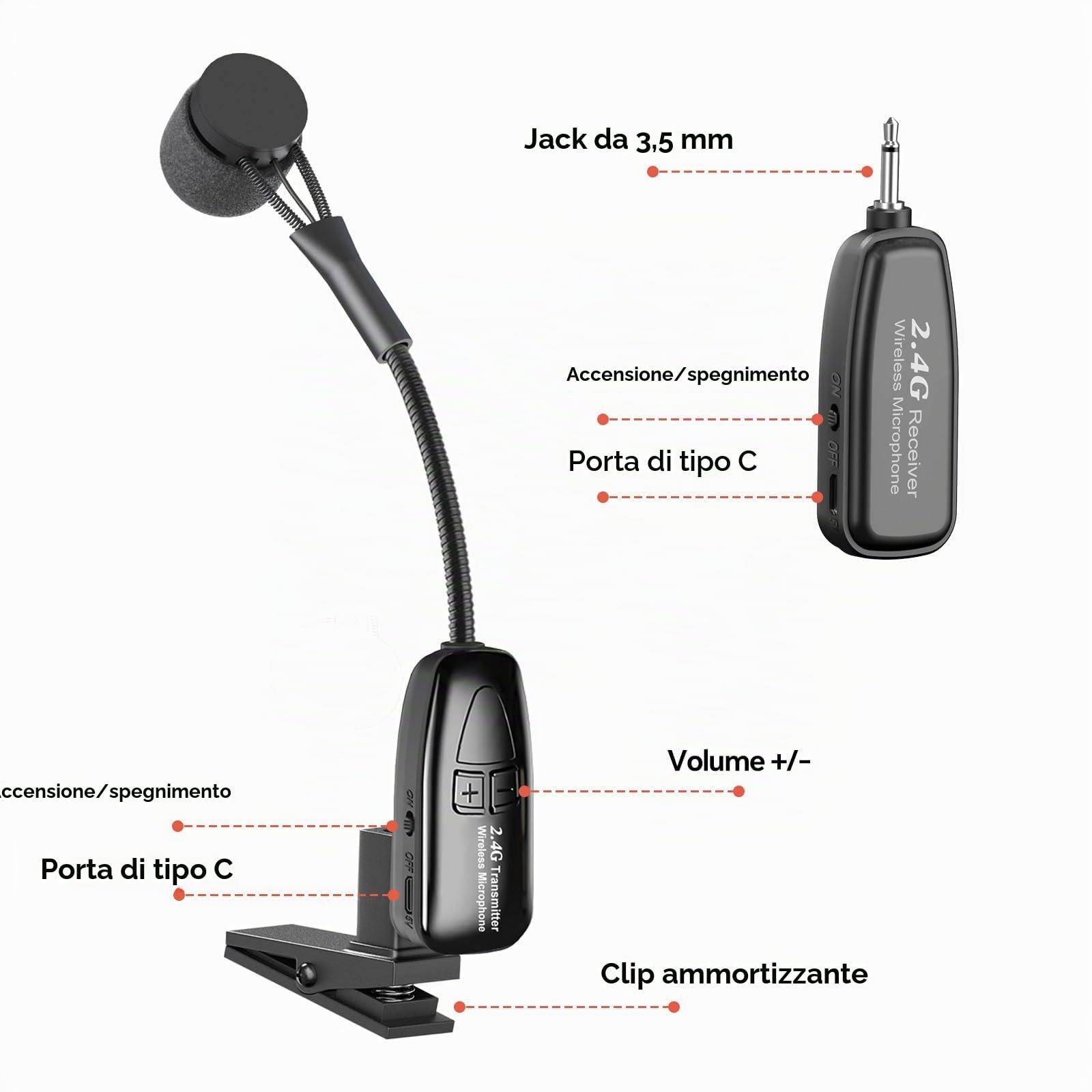 Microfono wireless per sassofono, microfono per strumenti a clip 2.4G, trasmettitore e ricevitore ricaricabile, portata 30,5 m, ideale per sassofono, tromba, tromba, trombone, cornetta, corno