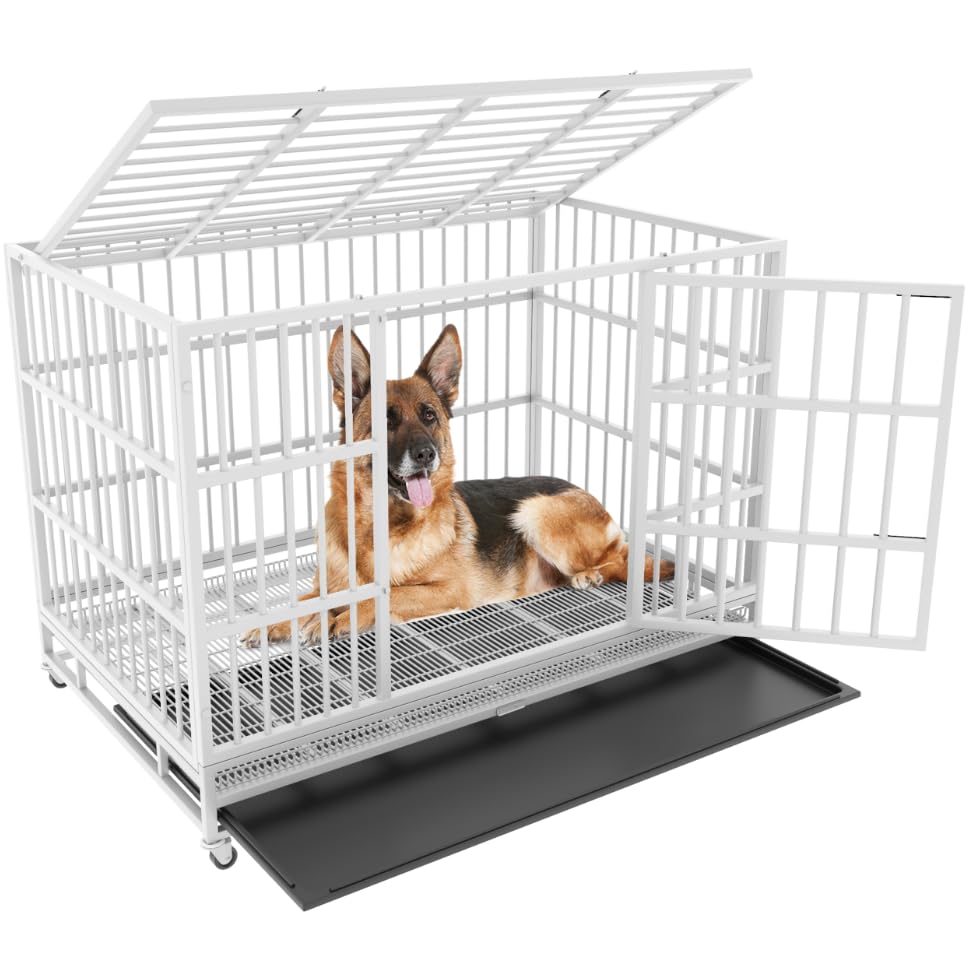 48/42/38 inch Heavy Duty Indestructible and Escape-Proof Dog Crate Cage Kennel for Large Dogs, High Anxiety Dog Crate with Removable Crate Trays, Wheels and Double Door, Extra Large XL XXL