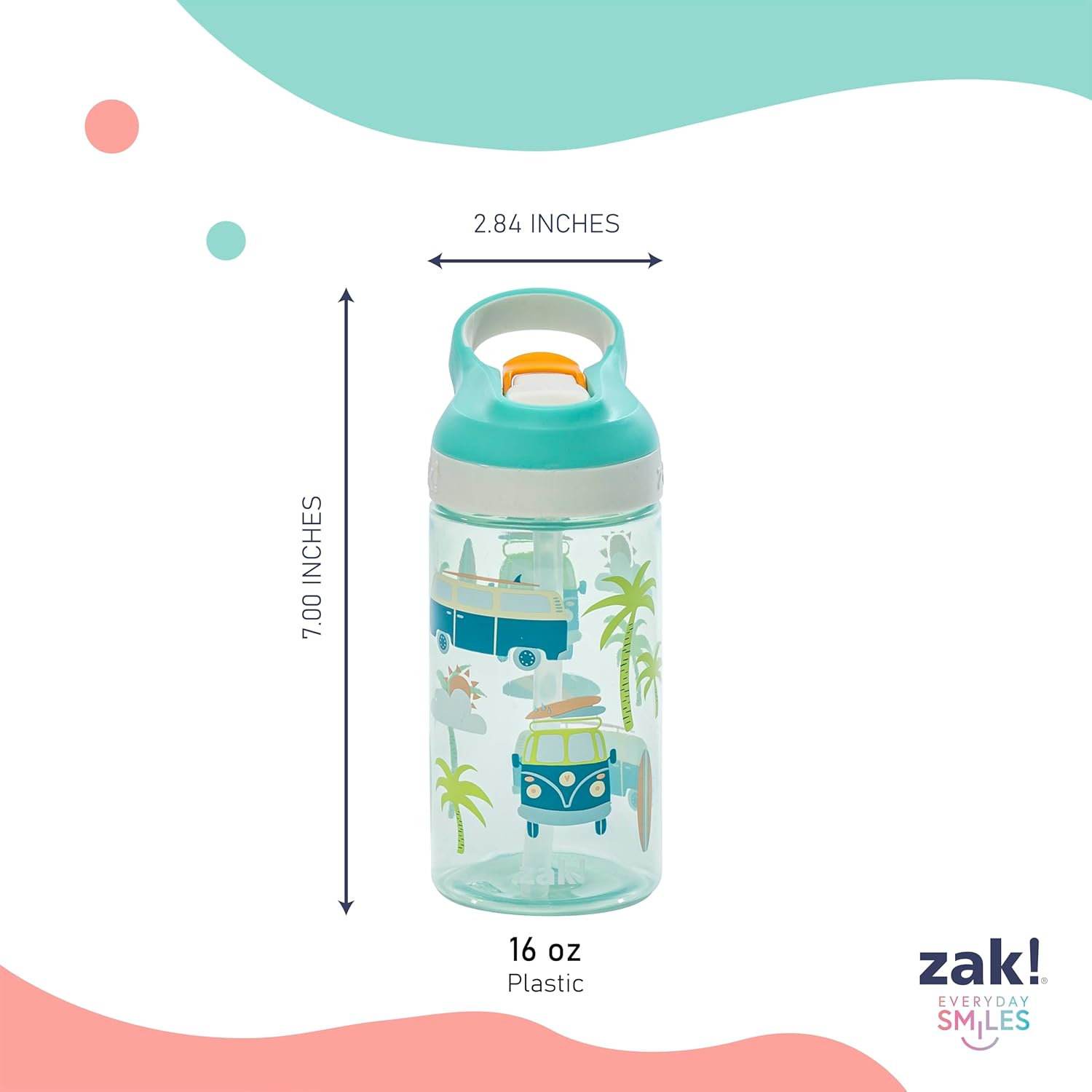 Zak Designs Atlantic Kids Water Bottle For School or Travel, 16oz Durable Plastic Water Bottle With Straw, Handle, and Leak-Proof, Pop-Up Spout Cover, 2-Pack (Surf Boards and Palm Trees) - Image 8