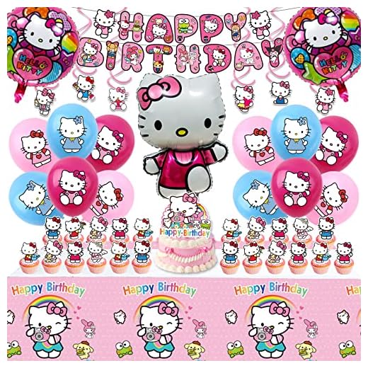 Hello Kitty Birthday Party Supplies, Party Decorations Set Include Banner, Balloons, Hanging Swirls, Cake Cupcake Toppers, Tablecloth for Girls Hello Kitty Theme Party