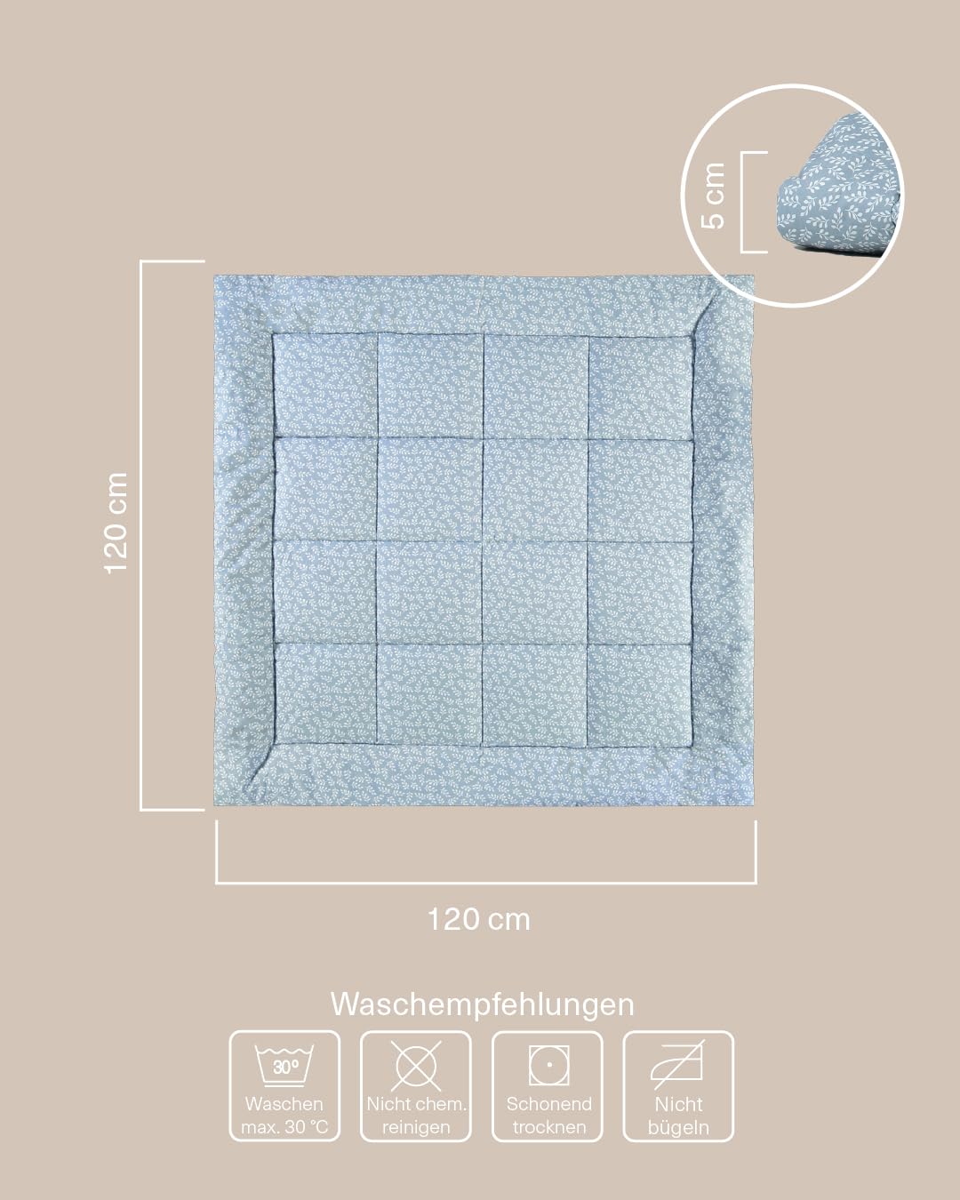 molis&co - Baby Spielmatte 120x120 cm, extra dick, weich, stilisch, unisex, 100% Baumwolle (Oeko-TEX), maschinenwaschbar, Blue Garden