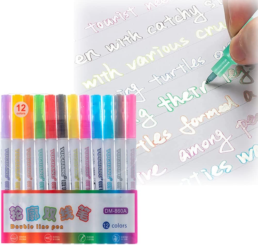 ZHOOCAI 8/12 Color Terrain Hill Outline Marker, Terrain-Hill Double Outline Markers Set, Double Outline Markers, Outline Markers Self-Outline Metallic Markers (12 color)