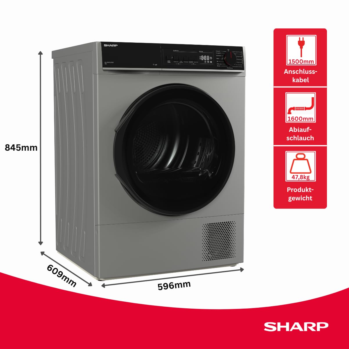 Sharp KD-PRO9S7GSB-DE Wäschetrockner 9kg B WiFi 15 Trockenprogramme Silber