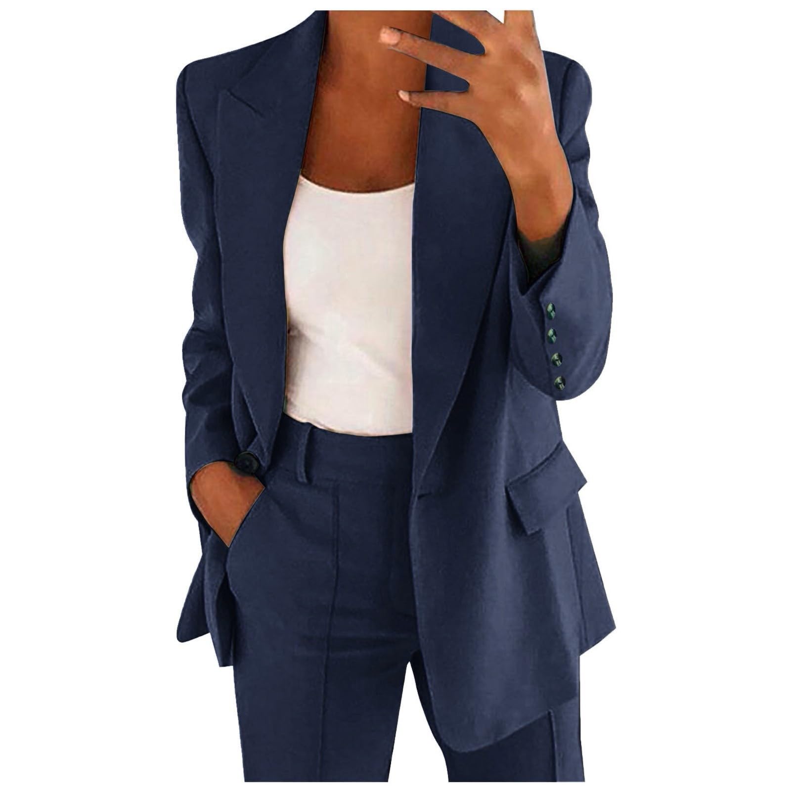Conjunto de Traje Talla Grande, Trajes de 2 Piezas para Mujer Elegante, Chaqueta de Manga Larga con Bolsillos Blazer y Pantalones Corte Ajustado Color Sólido Elástico Trabajo Oficina