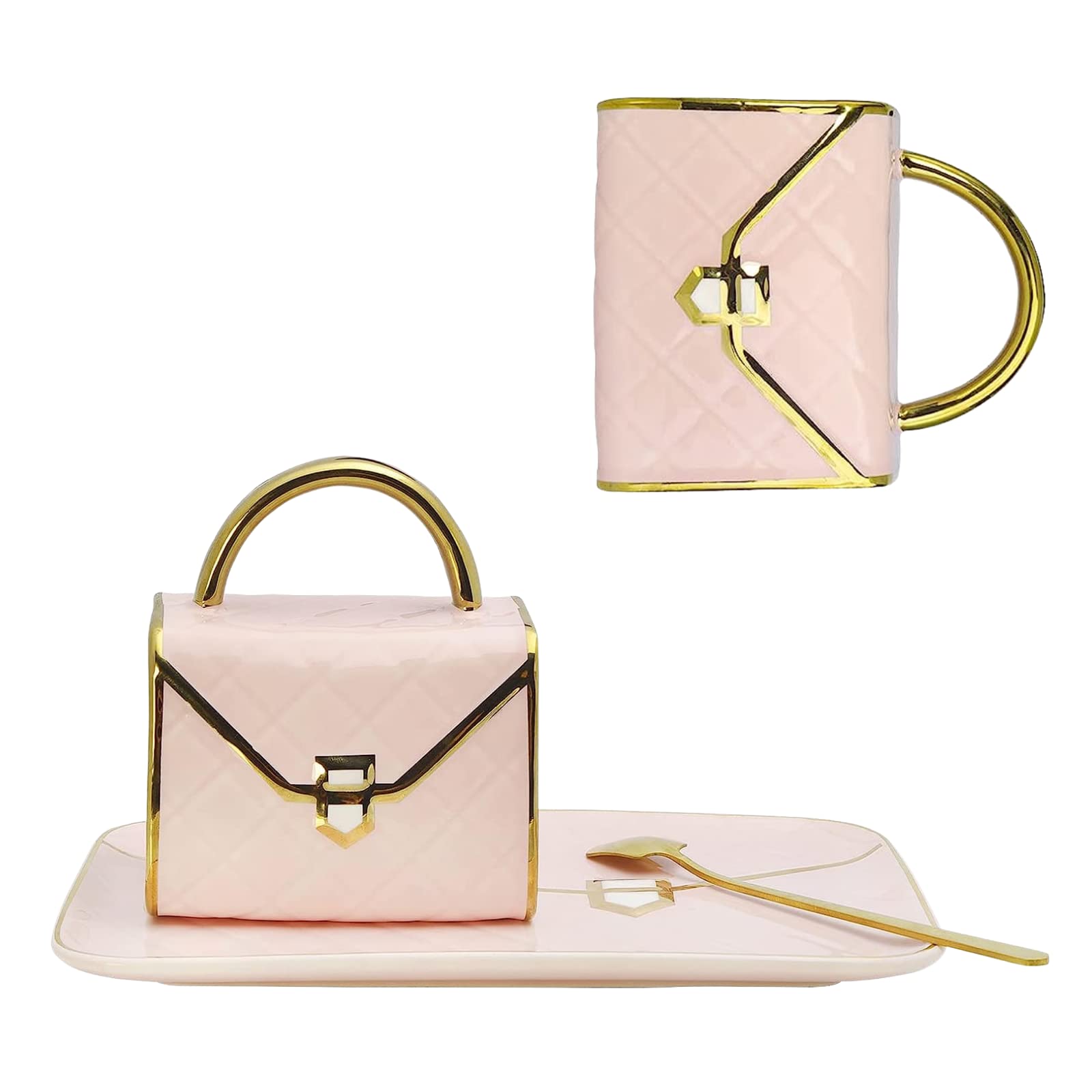Tea Mug Modern Pink Purse Coffee Mug Ceramic Tea Cups and Saucers Perfect Tea Cup Sets Gift for Women,Mom 300 Ml Stylish Mug Sets for Latte,Coffee,Afternoon Tea and Desserts Tazas Para Cafe Elegantes