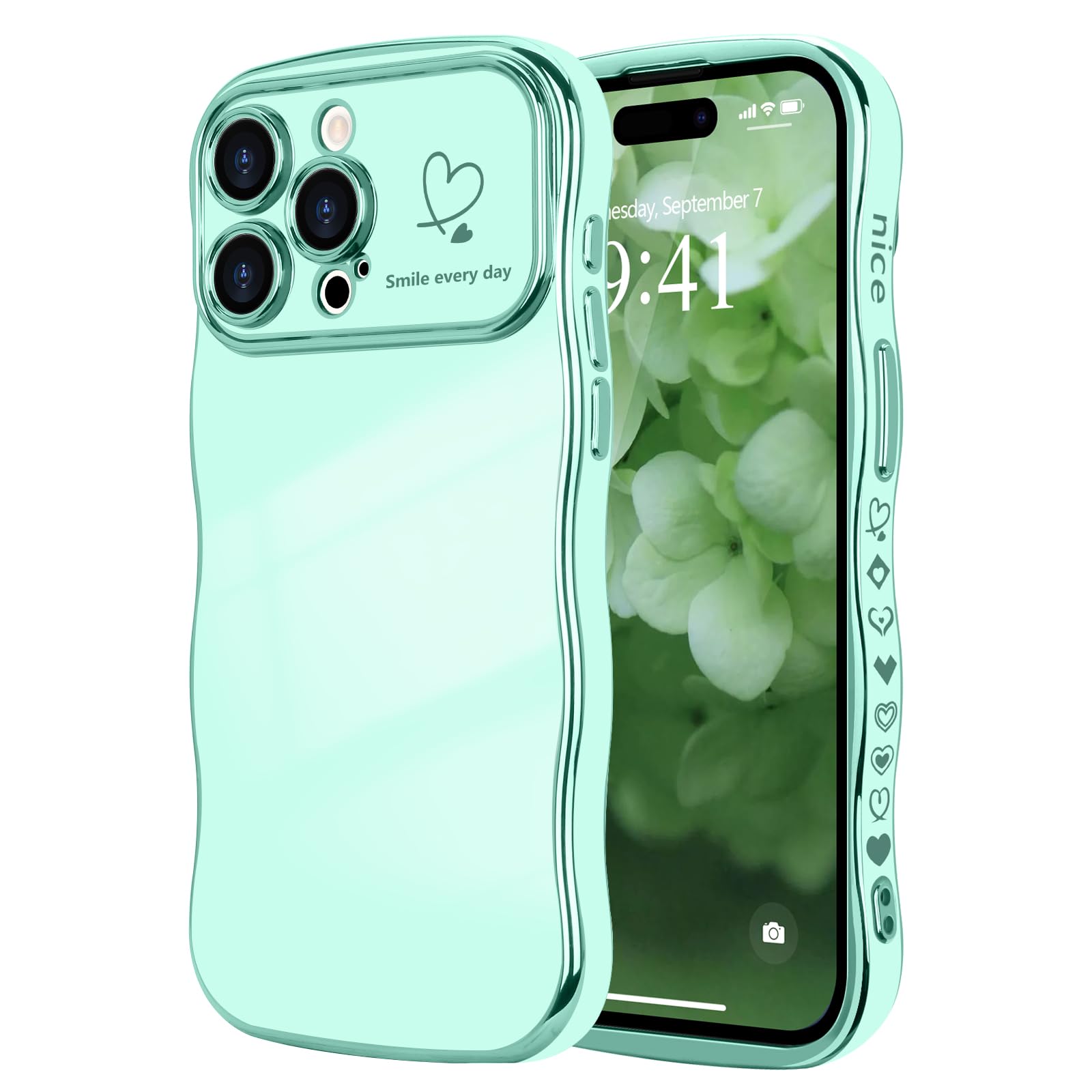 LCHULLE for iPhone 15 Pro Case for Women Girls,Cute Curly Wave Frame Shape Love Heart Pattern Phone Case,Raised Camera Protection Luxury Plating Shockproof Cover for iPhone 15 Pro 6.1",Light Green