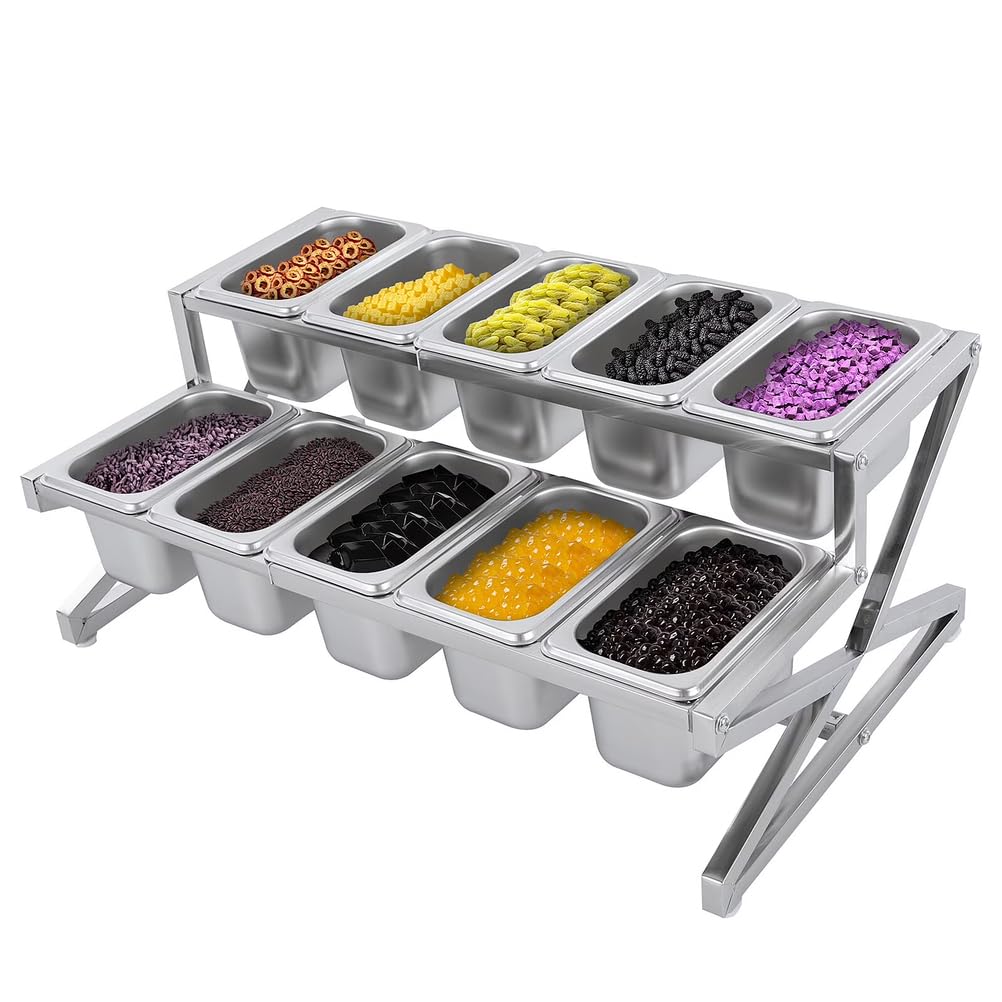 Estante de especias expandible, estante organizador de acero inoxidable de 2 niveles con 10 sartenes, tapas y cucharas para condimentos, especias y mermeladas, ajustable de 14 a 25.6 pulgadas
