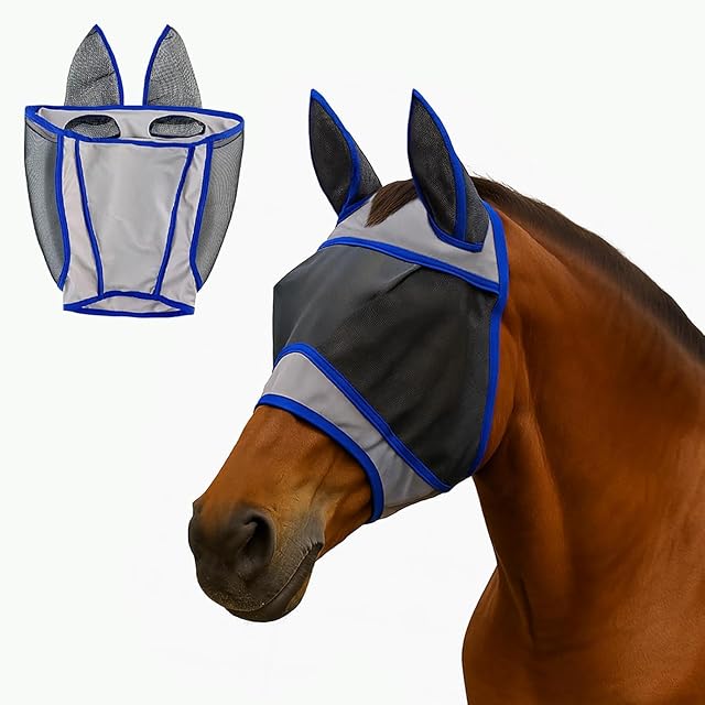 Colenumone Máscara de Mosca de Caballo con Orejas, Malla Transpirable Que bloquea los Rayos UV