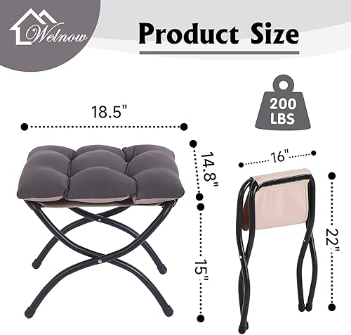 Miniatura 2 de Welnow Taburete plegable, otomana tapizada con acento pequeño con cojín de algodón grueso desmontable acolchado y marco de metal para silla Gris