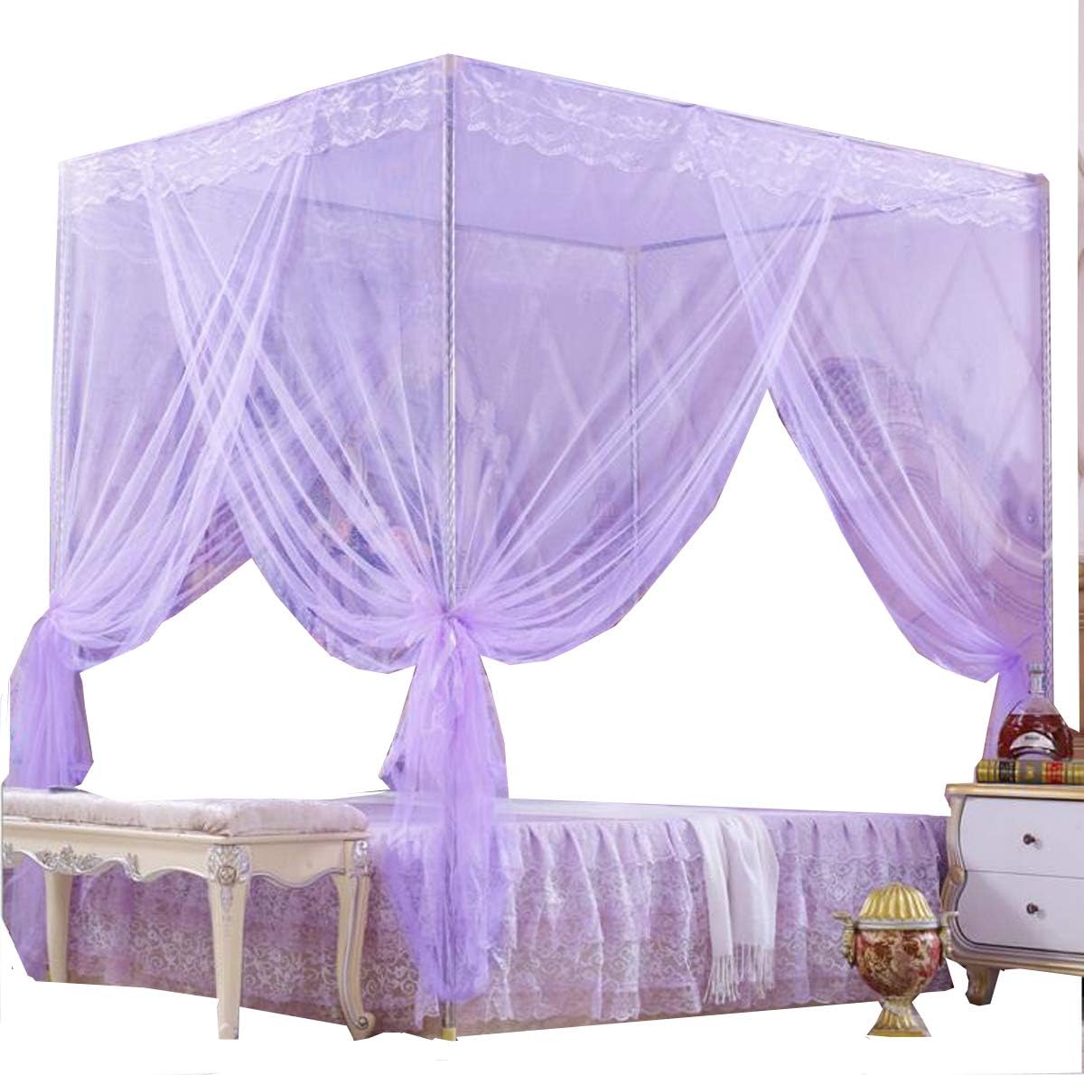 4 Corners Princess Bed Curtain Canopy Canopies for Girls Boys Adults Bed Gift (Queen, Purple)