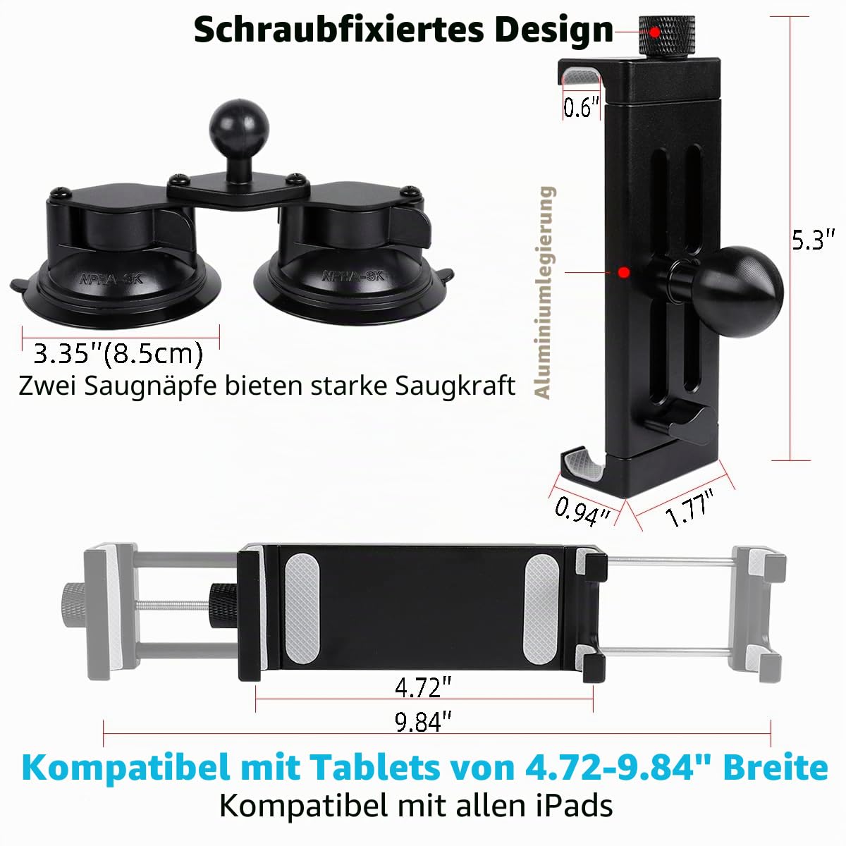 Aluminium-Tablet-Halterung für alle iPads, 360° verstellbar, sichere Doppel-Saugnapfhalterung für Auto, LKW, Windschutzscheibe, Sonnendach, kompatibel mit iPad Pro 12,9 Mini Air, Galaxy Tabs und