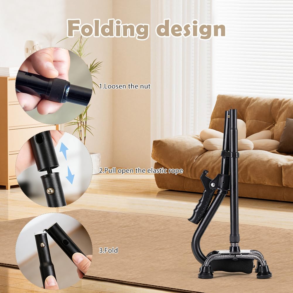 Bastón plegable para hombre y mujer, para personas mayores con base de 4 puntas, doble mango, altura ajustable (75-90 cm), ligero y estable, bastón telescópico para adultos
