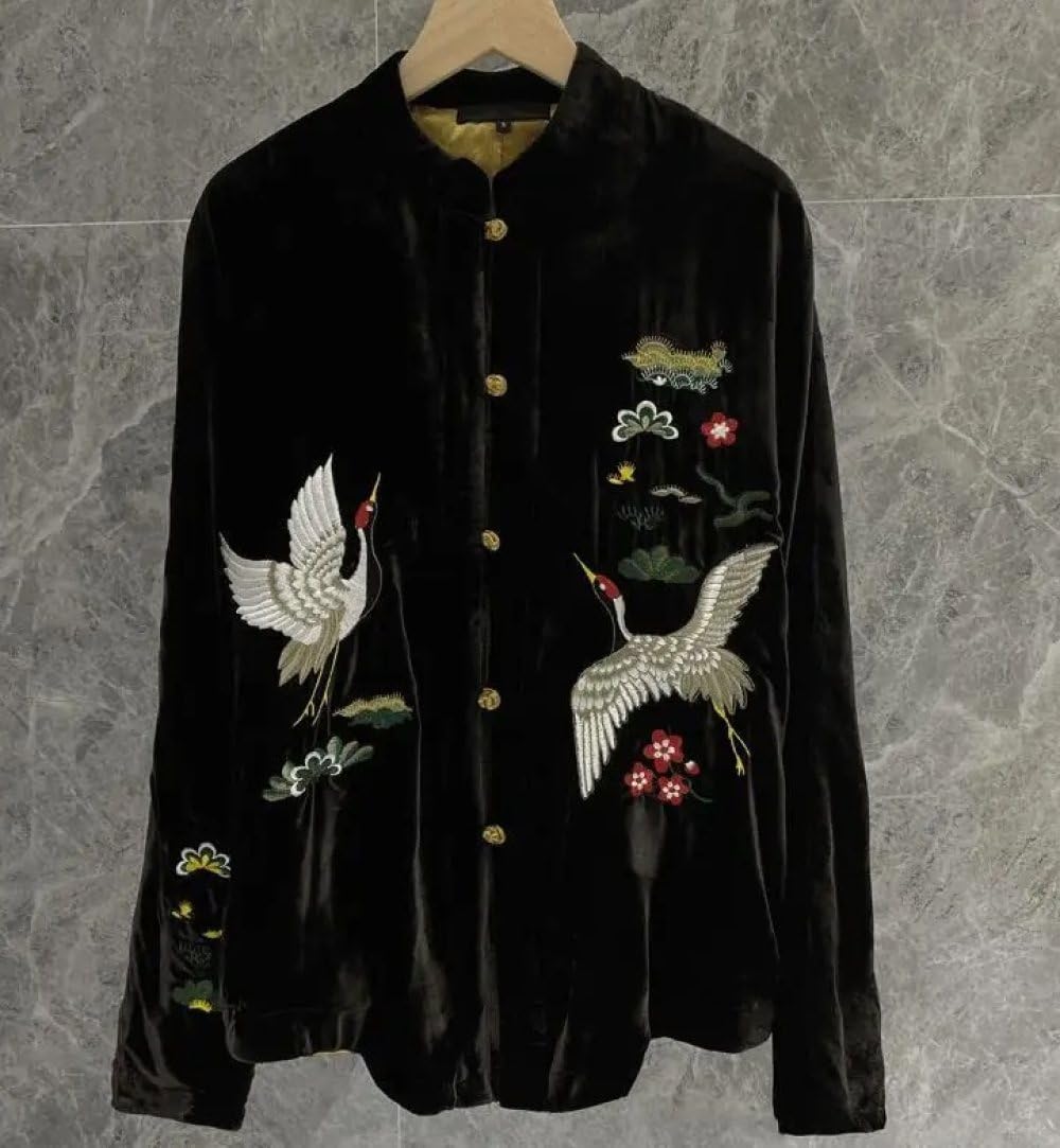 Chaqueta de Primavera de Estilo Chino para Mujer - Abrigo de Terciopelo Negro con Bordado Chino Chaquetas Informales Sueltas de Moda de Estilo Chino para Mujer Tops Ropa Étnica Vintage para Muje