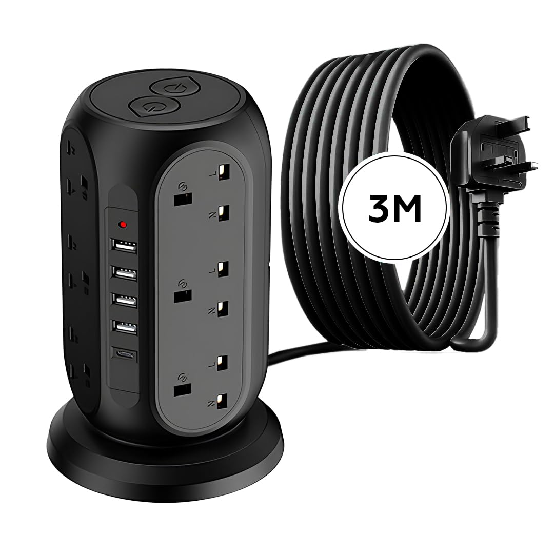 4000W 3m Cord Extension Tower Strip 12 Outlets 4 USB A 1 Type C 2 Switch, Surge Protector Multi Extension Tower Lead Multiplug Socket, Extension Cord with Multiple Plug for Home Office (Black)