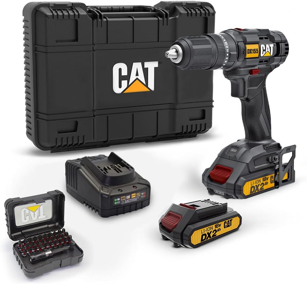 CAT DX155.1SET 18 Volt/2.0Ah Li-ion Çift Akülü Profesyonel Şarjlı Darbeli Matkap + DA01901 32 Parça Vidalama Uç Seti