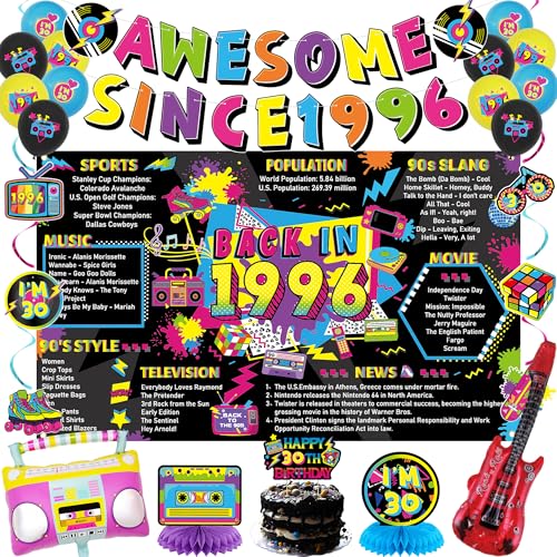 Image of Crenics 1996 30th Birthday Decorations for Him Her | Back in 1996 Backdrop, Awesome Since 1996 Banner, Swirls, Centerpieces and Balloons for 30 Birthday Party Supplies
