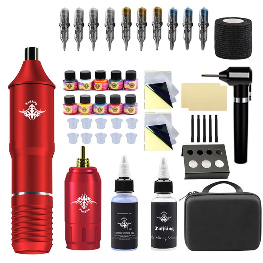 Kit penna per tatuaggi wireless - Set macchinetta rotativa per tatuaggi con motore da 6000 a 12000 giri/min, tensione regolabile da 6 a 11 V, display a LED,Rosso