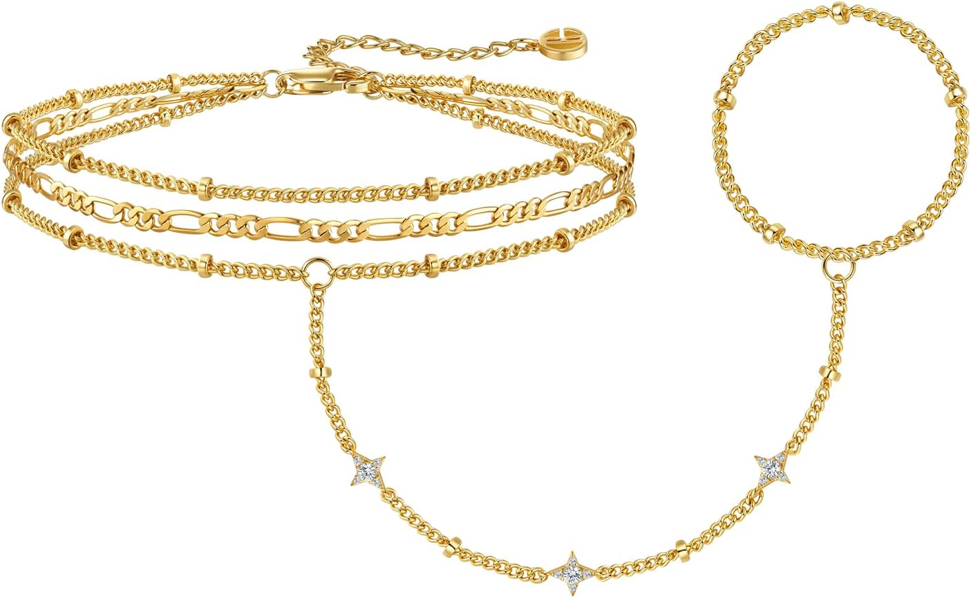 Cicy Bell Hand Chain 18k Gold Plated Bracelet for Women Trendy Teardrop Cubic Zirconia Adjustable Finger Ring Slave Dainty Bracelets Jewelry Gifts