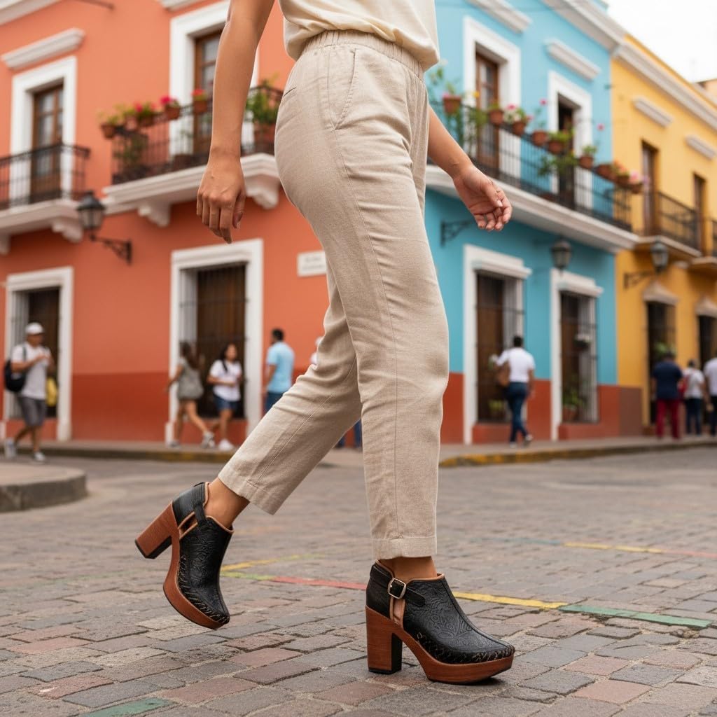 Mexican Engraved Genuine Leather Ankle Boots with Strap for Women - Model 490