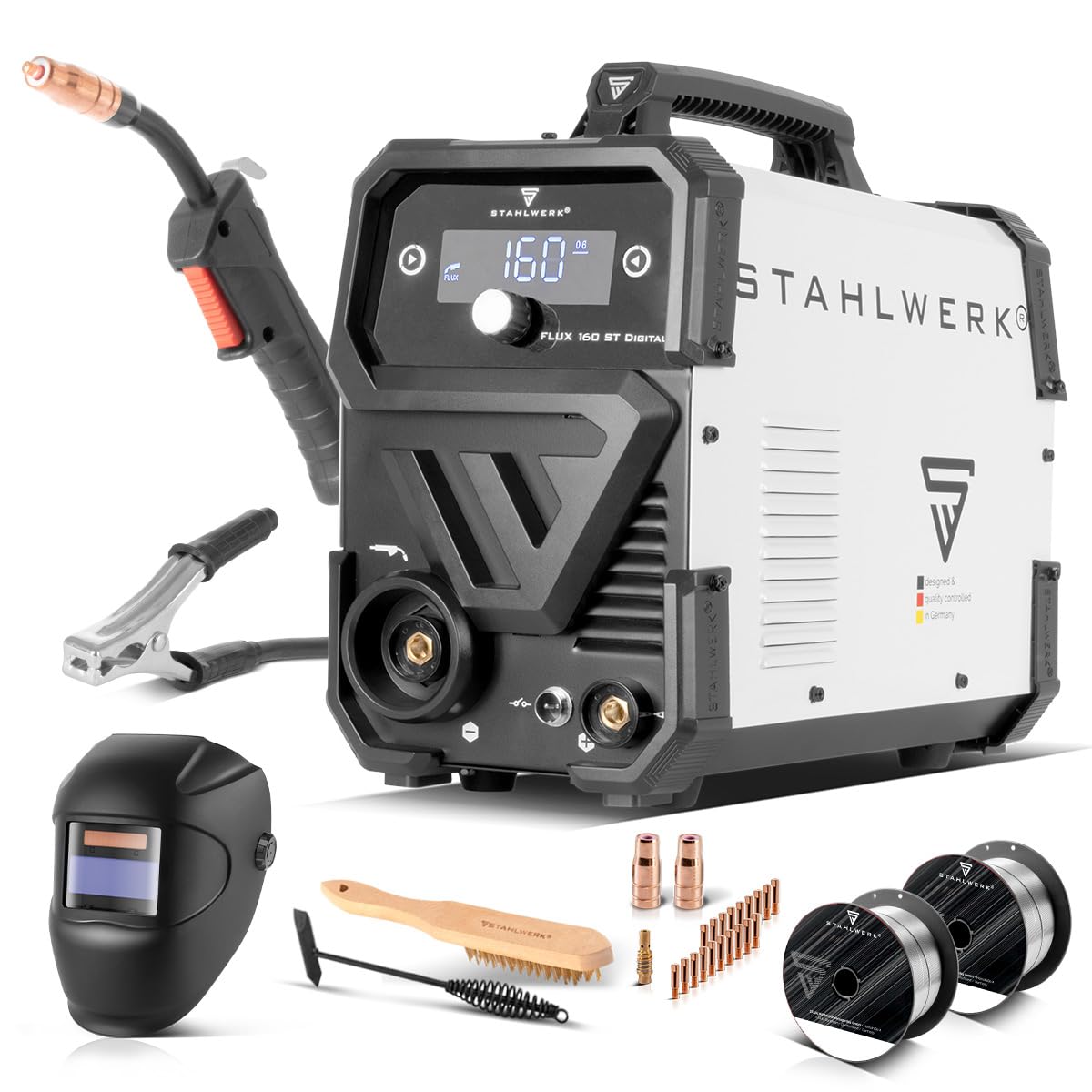 STAHLWERK Soldadora FLUX 160 ST Digital – combinada 3 en 1 con 160 A | Equipo completo, máquina de soldar, soldadura con hilo hueco sin gas protector, MMA/Electrodo, Lift-TIG (DC), hilo sinérgico